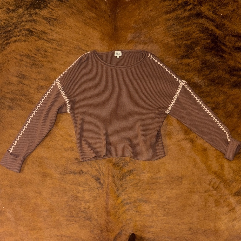 BKE Chocolate Knit Top with Cream Accents size small - Picture 1 of 2